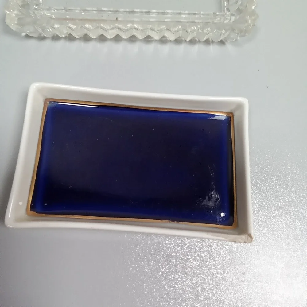 Vintage FBS Czechoslovakia Cobalt Blue‎ Hand Painted Glass Trinket Dish Set